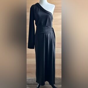 Zara Size Large One-Shoulder Black wrap waist asymmetrical smooth flowing maxi
